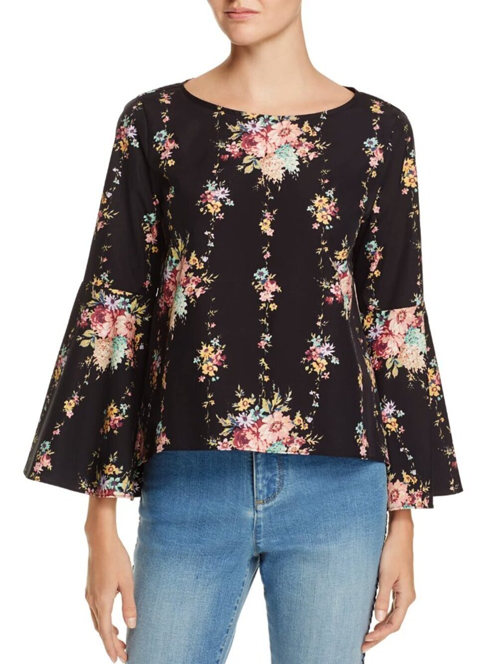 ALICE + OLIVIA Shirley Black Floral Cotton Poplin Bell Sleeve Blouse, Size S